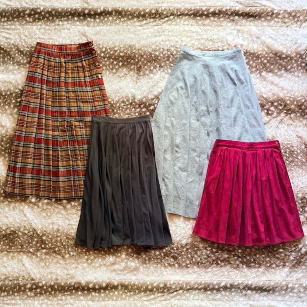 Vintage pleated 4 skirt bundle XS/S wool midi maxi skirts plaid burgundy gray